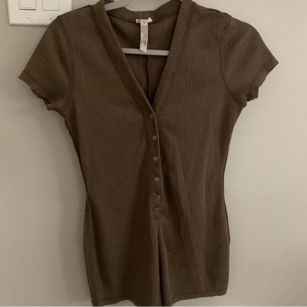 Free People Brown Ribbed Henley Romper